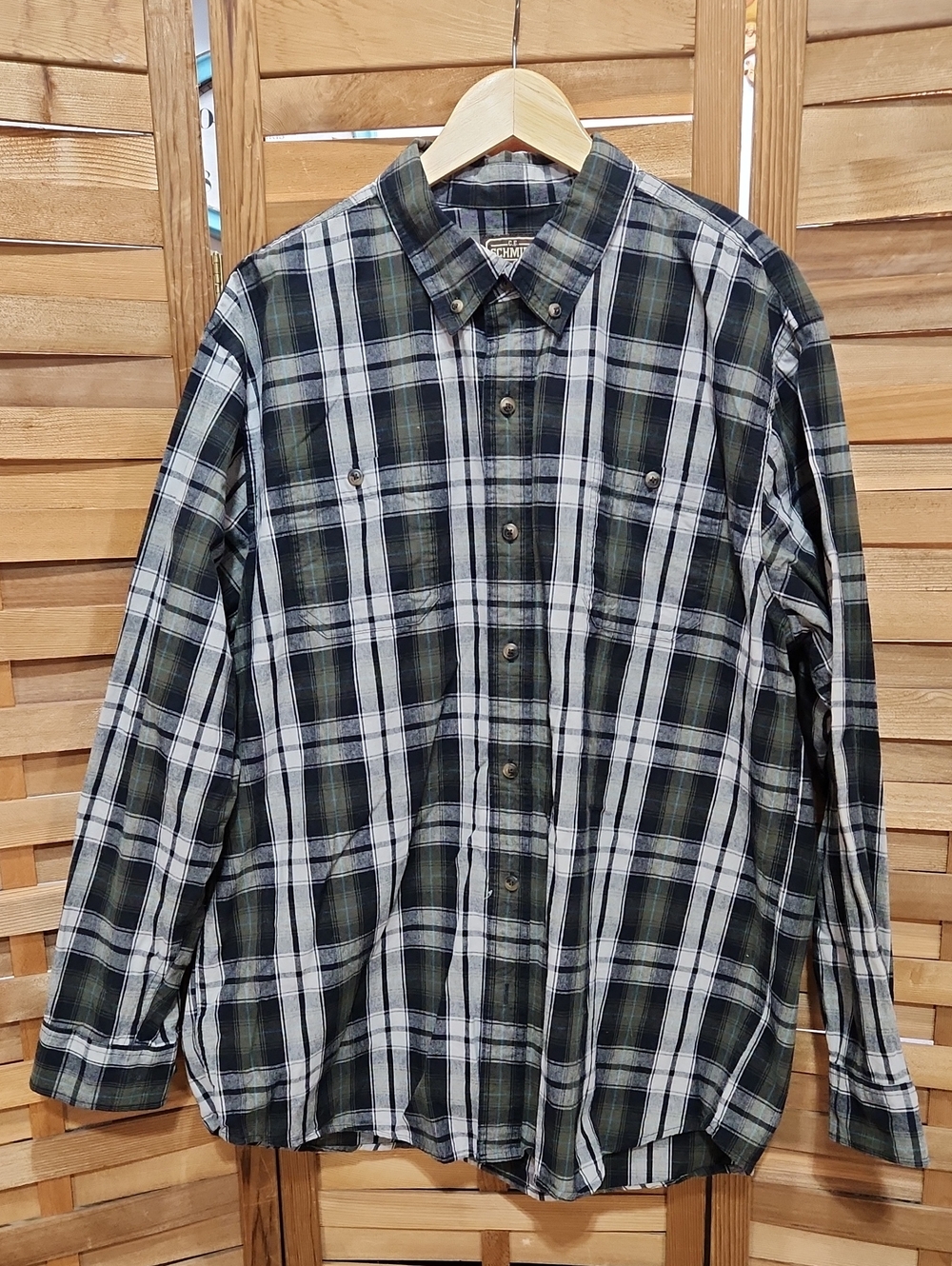 Schmidt Workwear Long Sleeve Black Green White Button Down Shirt Men XL Cotton